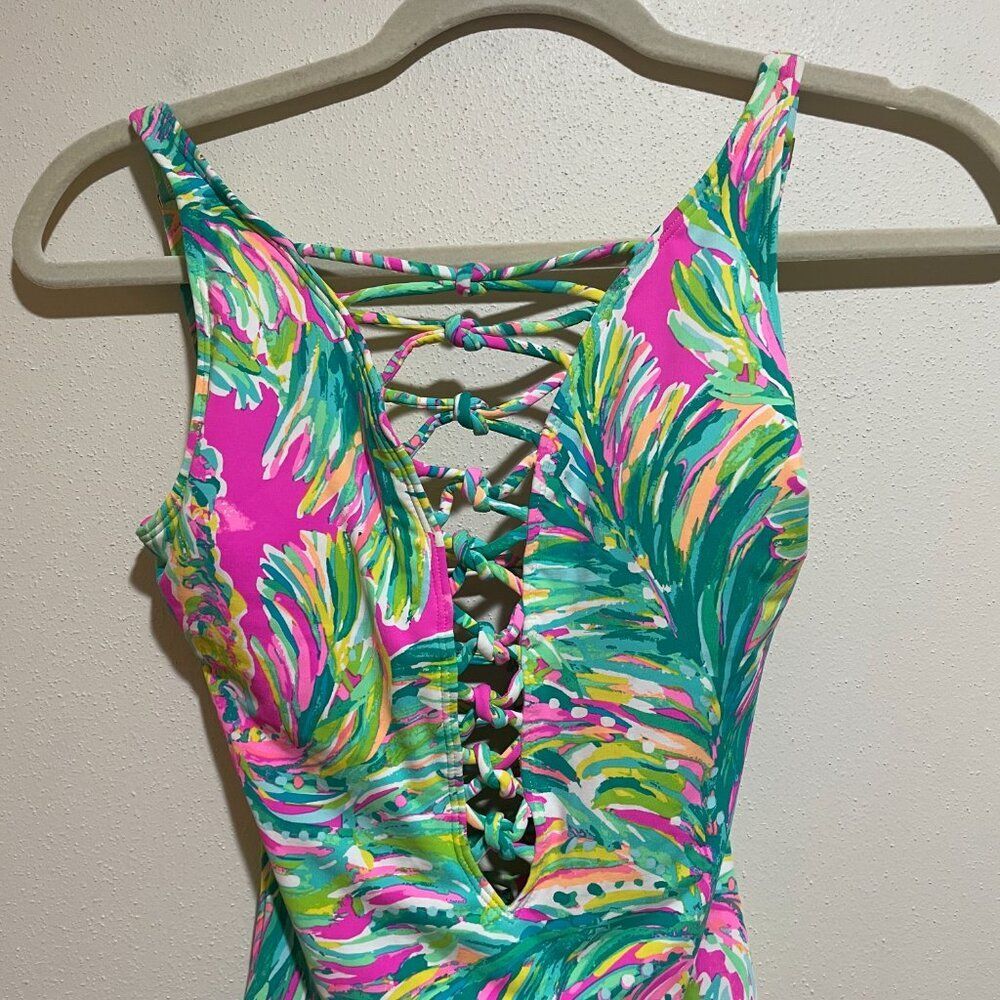 Lilly Pulitzer Size 0 Isle Lattice One Piece Swimsuit Swim Suit Shady Lady Palm - Picture 4 of 11